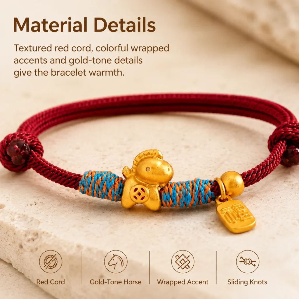 Simple Red String Bracelet with Gold Horse Charm 4 simple red string gold horse bracelet material detail image