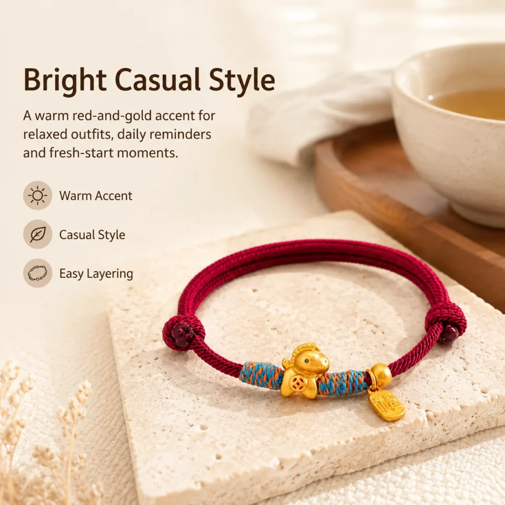 Simple Red String Bracelet with Gold Horse Charm 5 simple red string gold horse bracelet lifestyle still life image