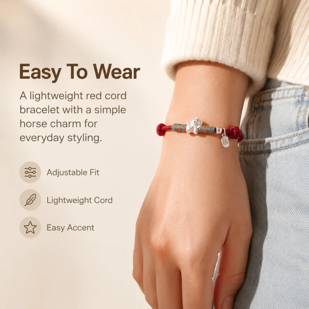 Simple Red String Horse Charm Bracelet 2 simple red string horse charm bracelet wearing view