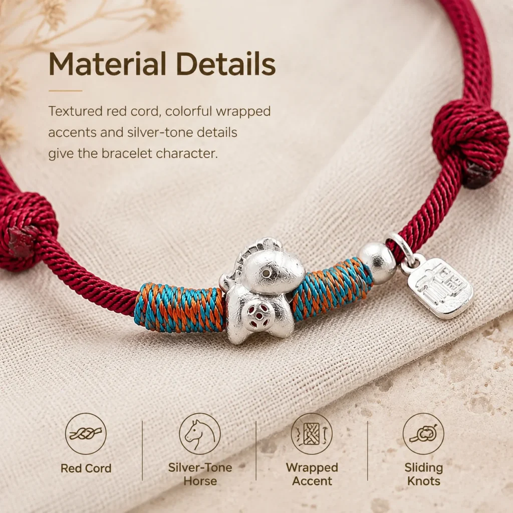 Simple Red String Horse Charm Bracelet 4 simple red string horse charm bracelet material detail image