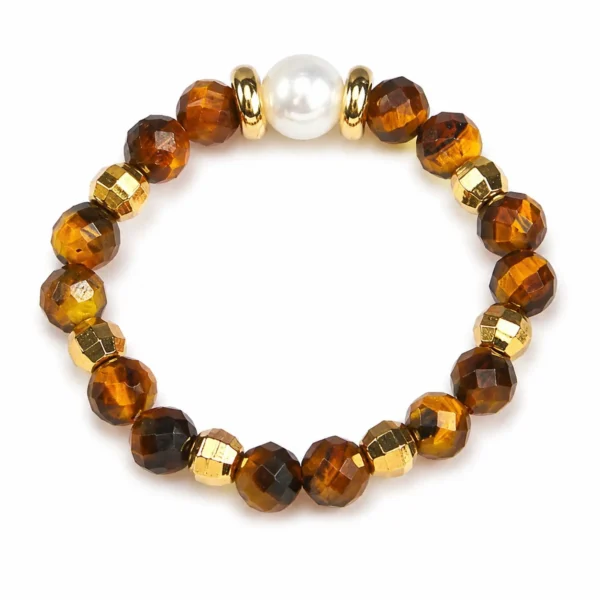 yellow tiger eye pearl beaded ring on white background
