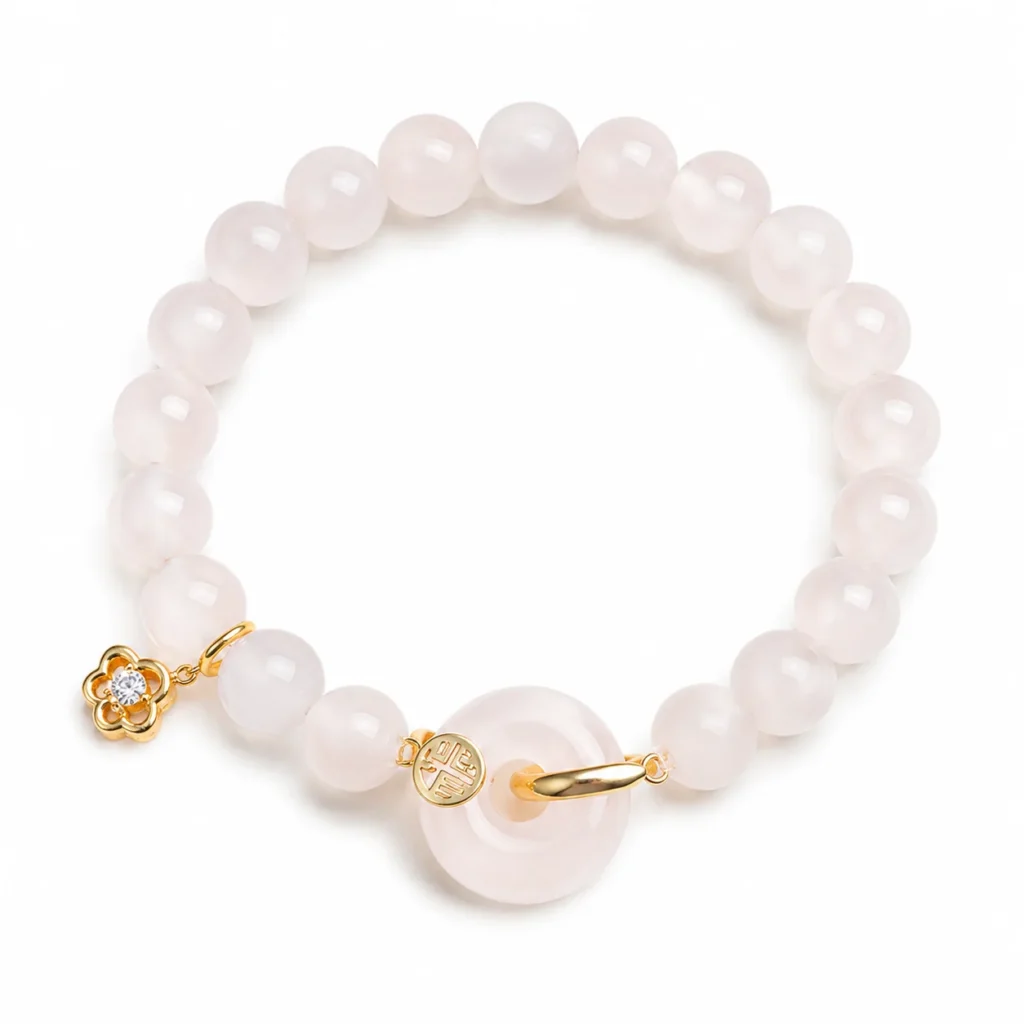 white agate gold fu charm bracelet on white background
