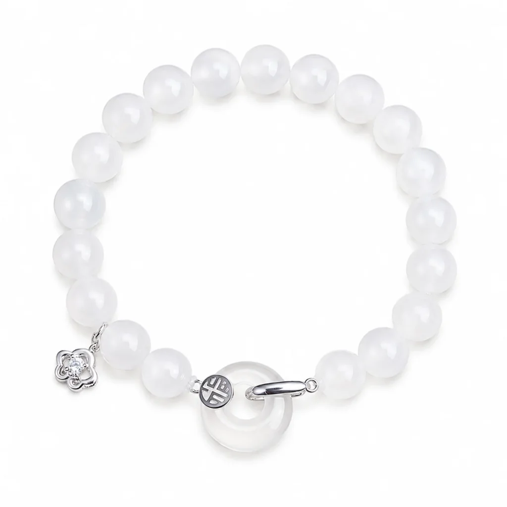 white agate silver fu charm bracelet on white background