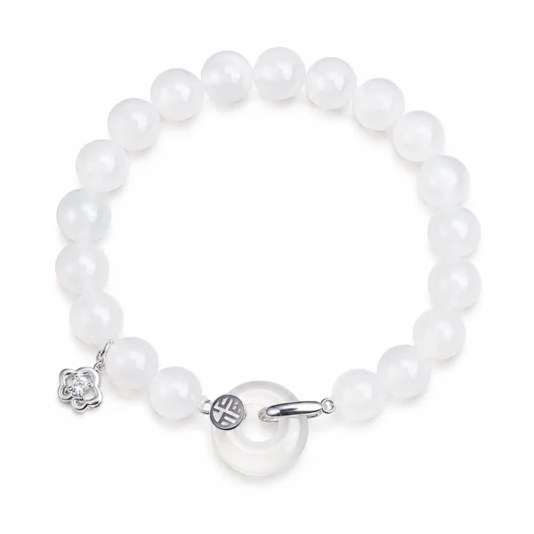 white agate silver fu charm bracelet on white background