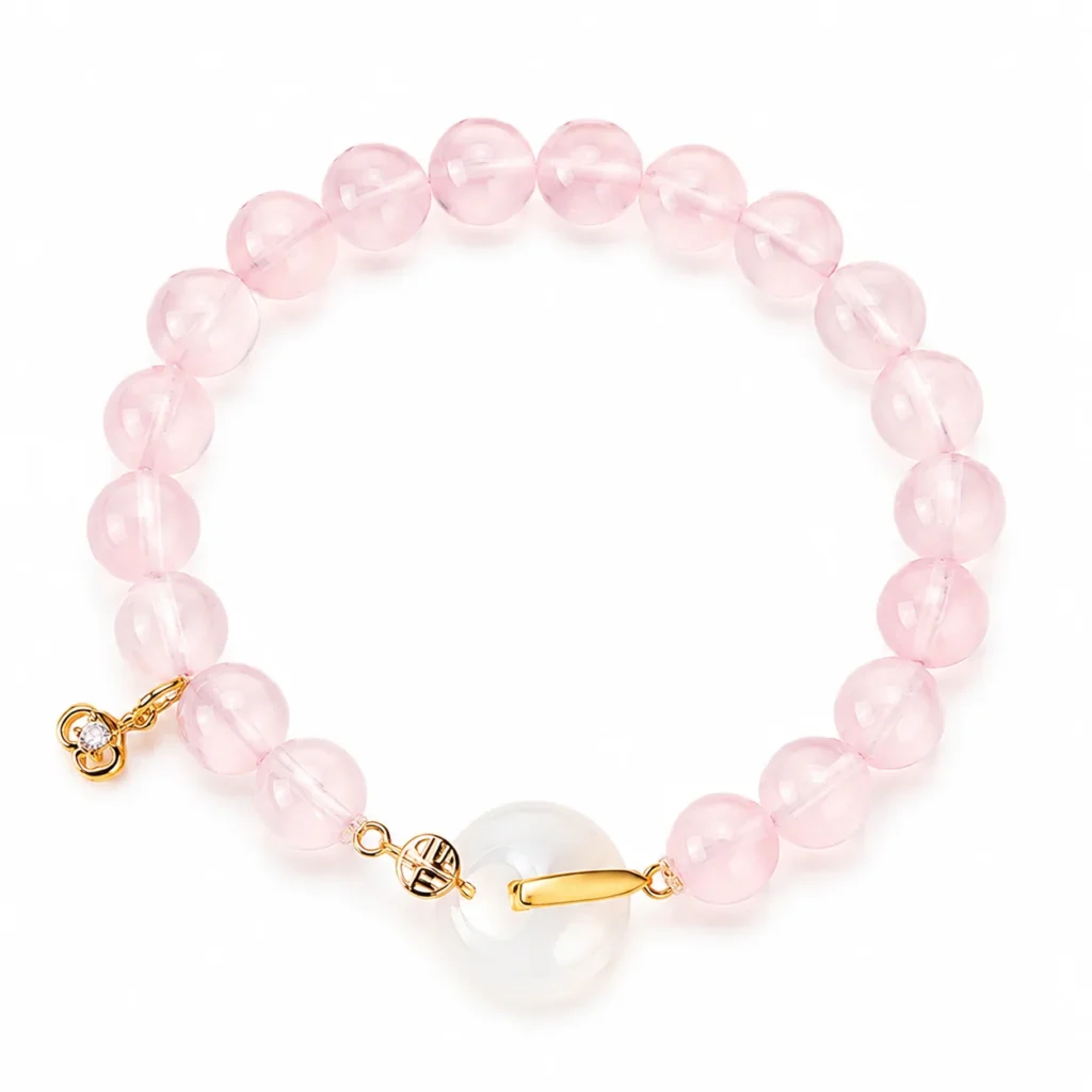 translucent rose quartz fu charm bracelet on white background