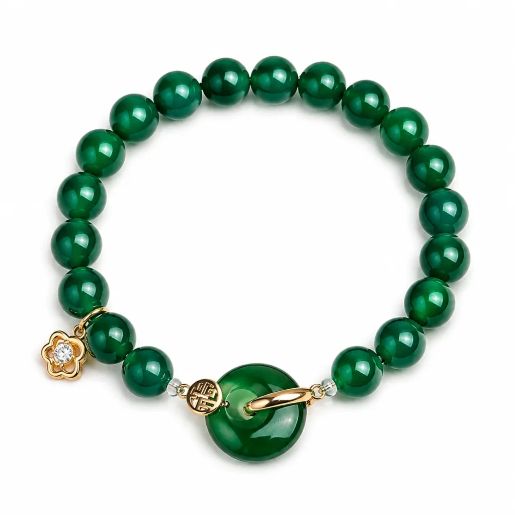 Green Agate Gold Fu Charm Bracelet 1 green agate gold fu charm bracelet on white background