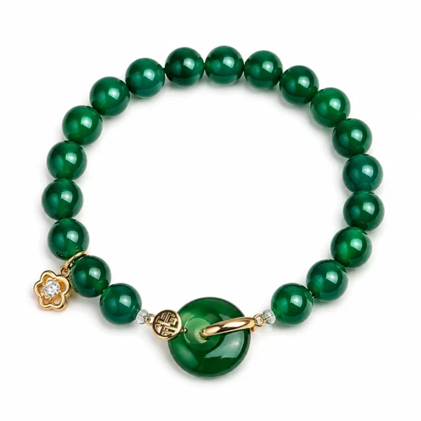 green agate gold fu charm bracelet on white background