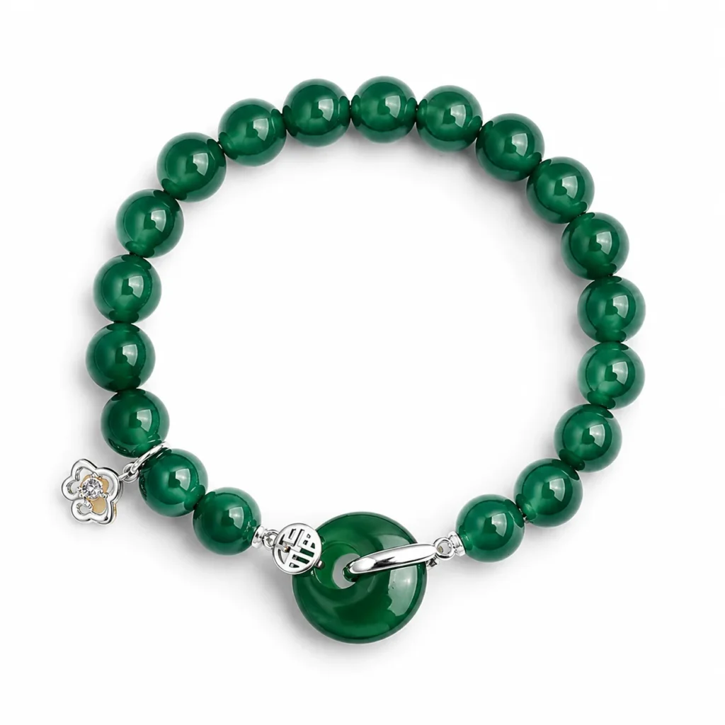 green agate silver fu charm bracelet on white background