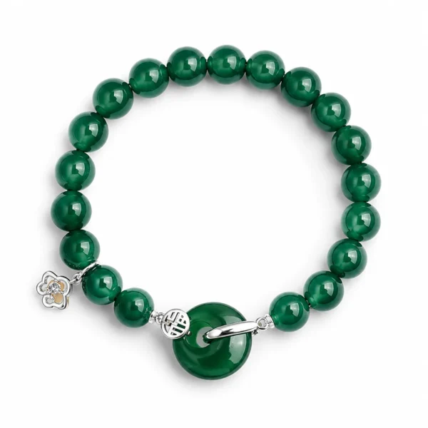 green agate silver fu charm bracelet on white background