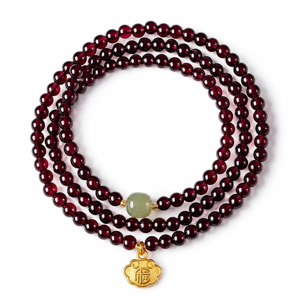 garnet hetian jade triple-wrap fu lock bracelet on white background