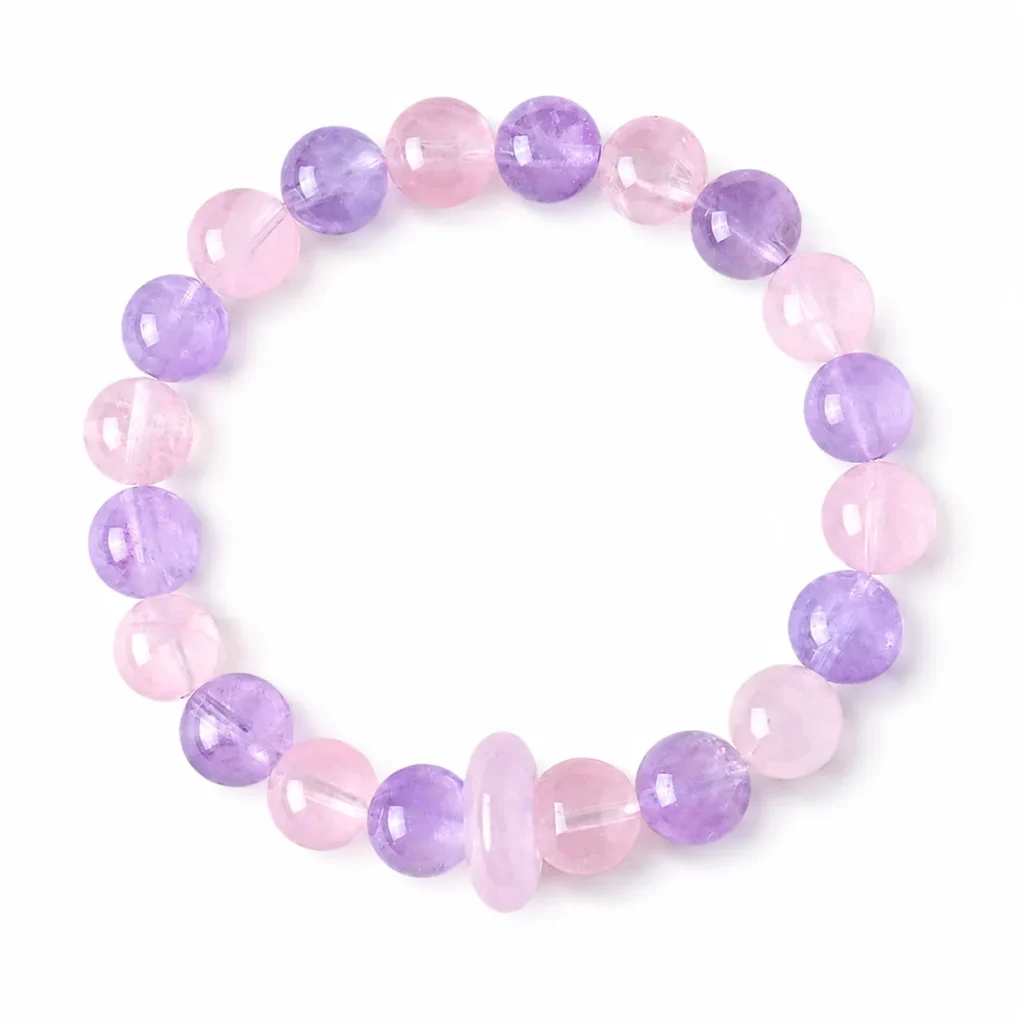 amethyst purple crystal beaded bracelet on white background