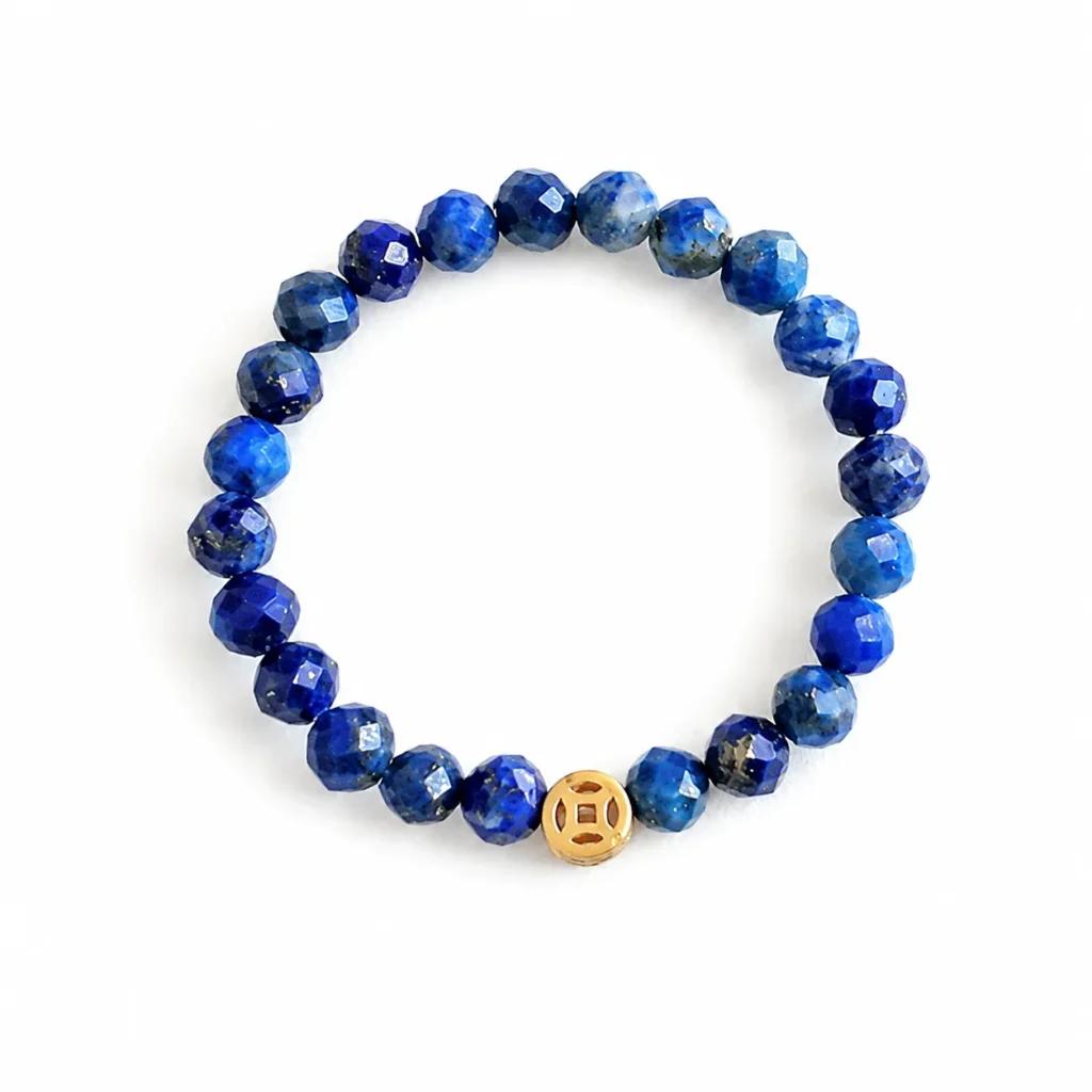 lapis coin beaded ring on white background