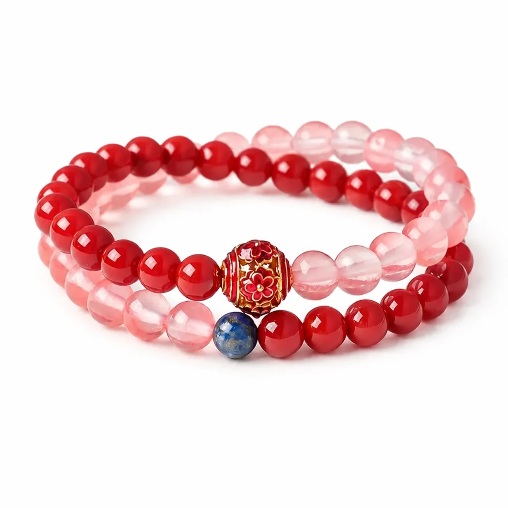 red agate chalcedony double-wrap bracelet on white background