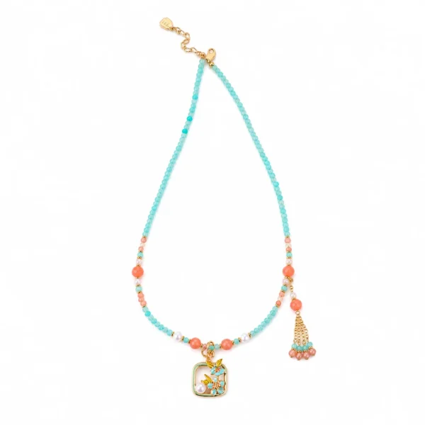 amazonite pearl beaded necklace on white background