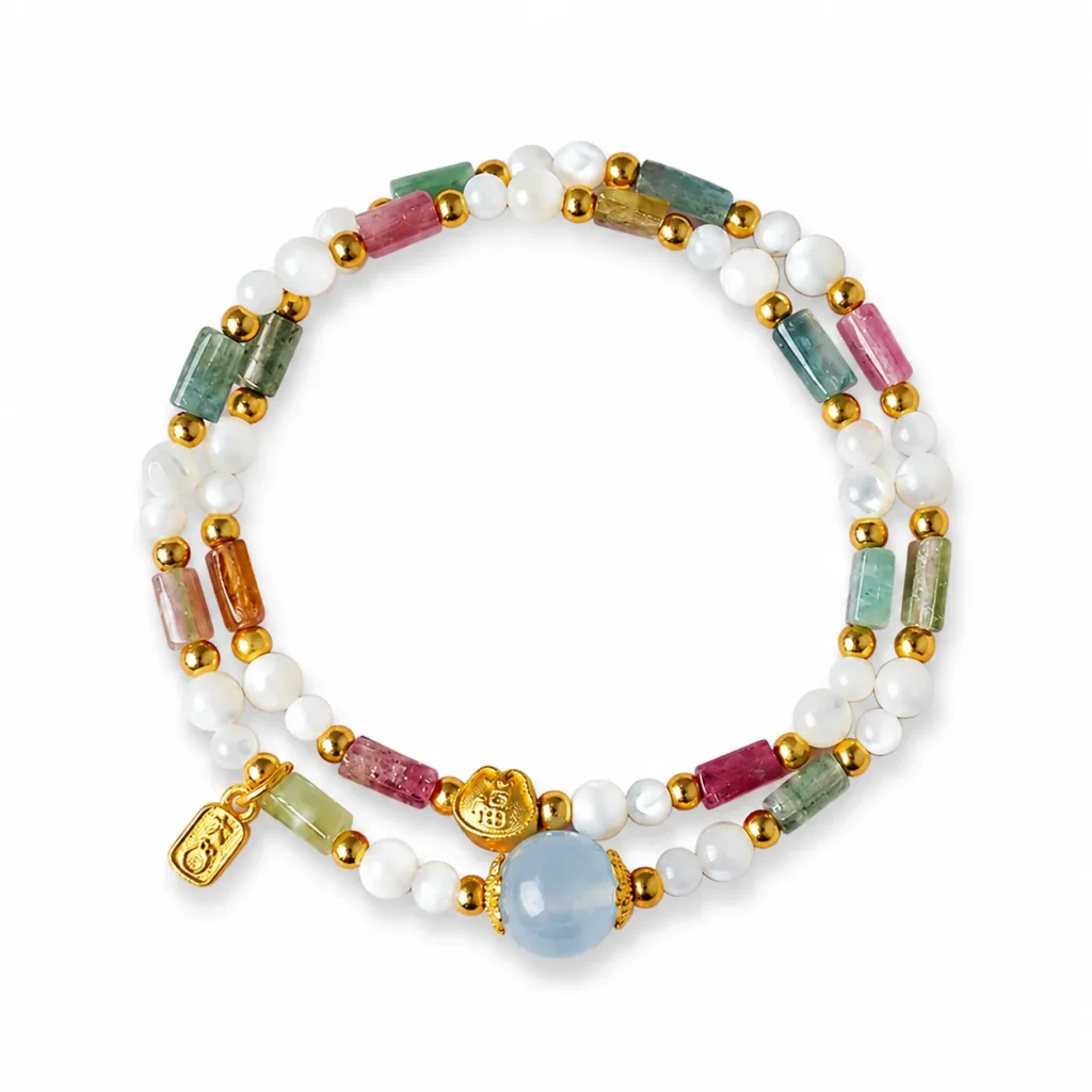 Tourmaline Aquamarine Double-Wrap Bracelet 1 tourmaline aquamarine double-wrap bracelet on white background