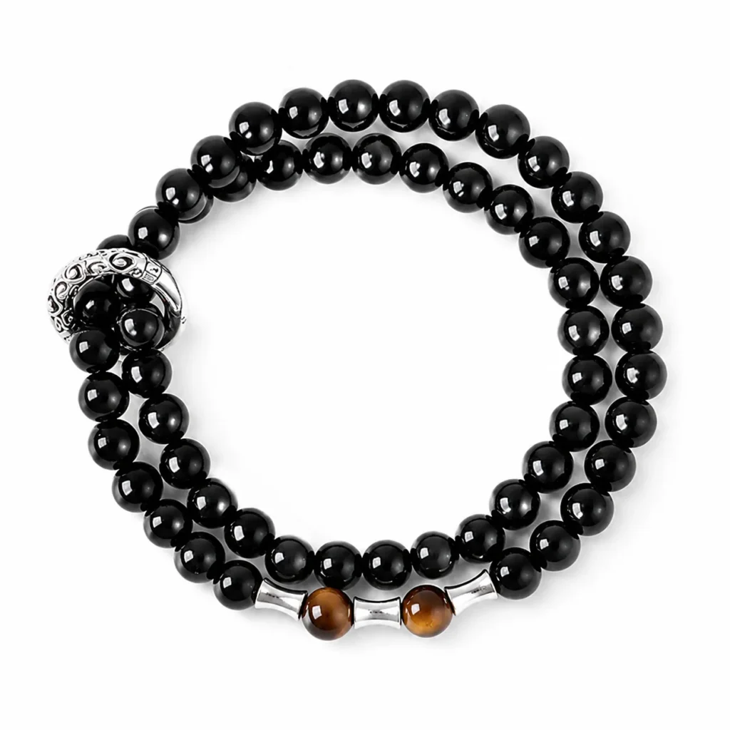 Black Obsidian Double-Wrap Bracelet 1 black obsidian double-wrap bracelet on white background