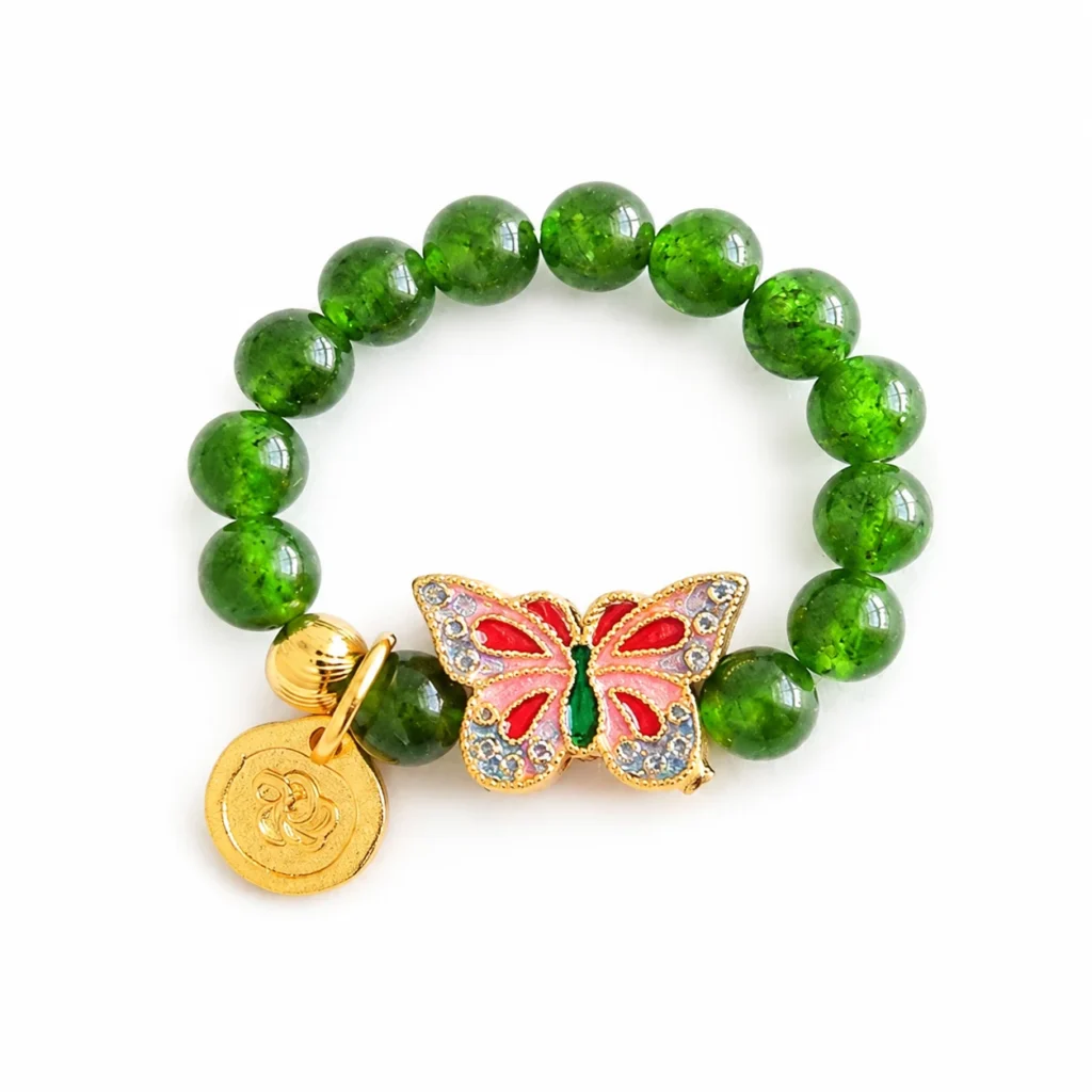 green chalcedony butterfly beaded ring on white background