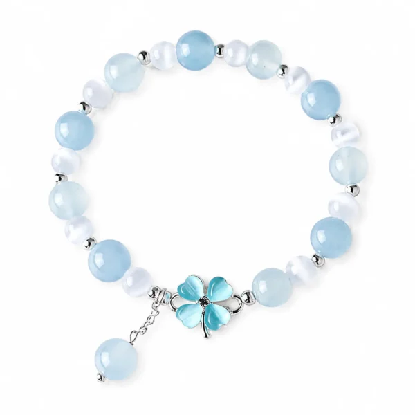 blue chalcedony clover bracelet on white background