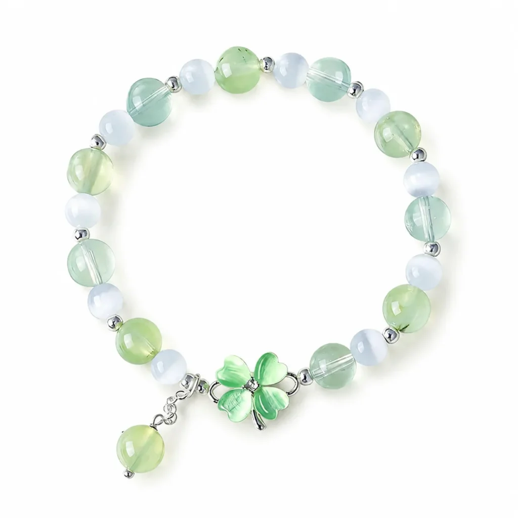 Prehnite Clover Bracelet 1 prehnite clover bracelet on white background