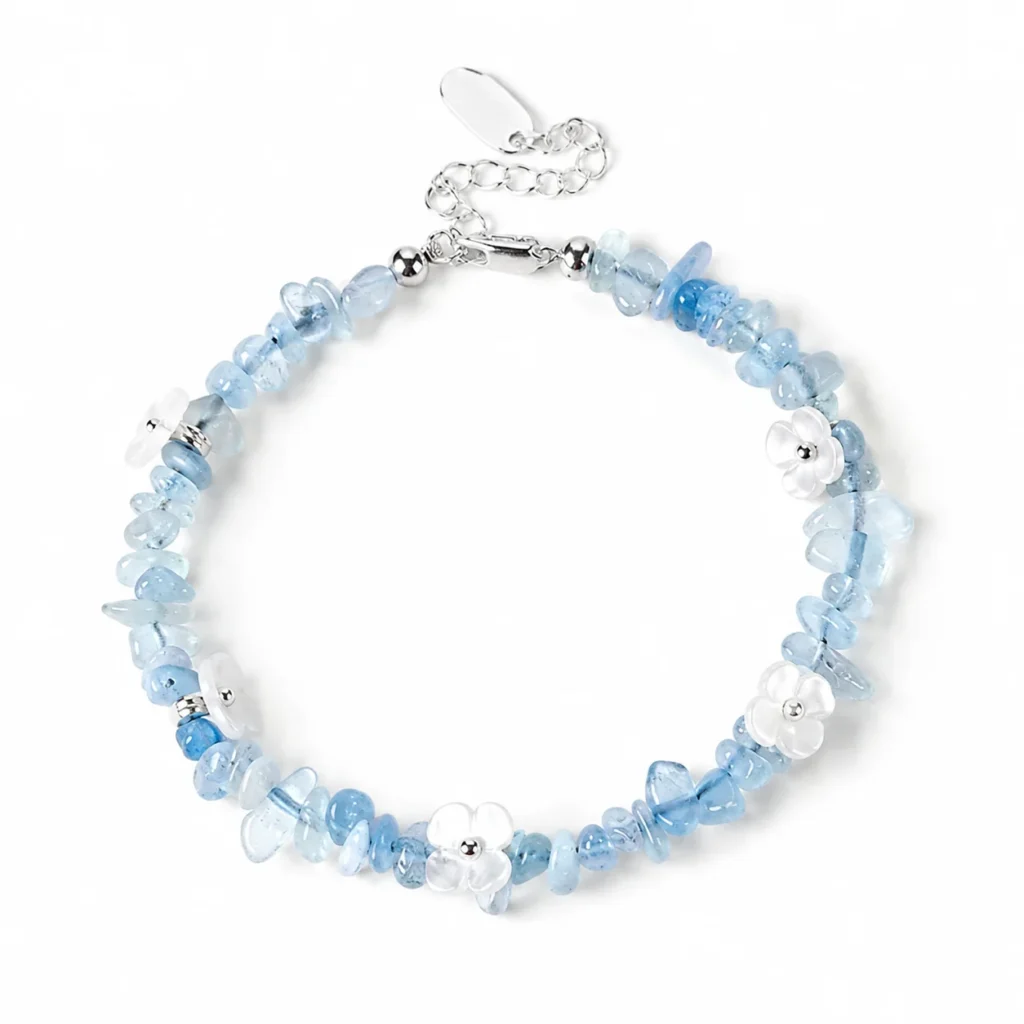 Aquamarine Shell Flower Bracelet 1 aquamarine shell flower bracelet on white background