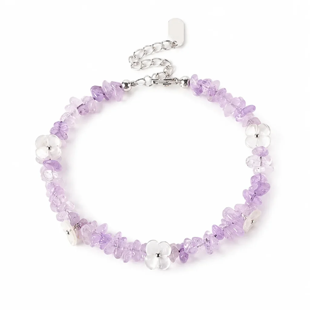 Lavender Amethyst Shell Flower Bracelet 1 lavender amethyst shell flower bracelet on white background
