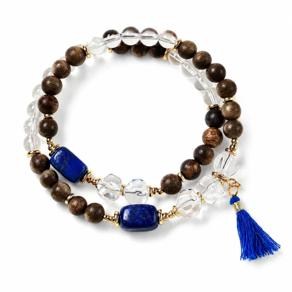 agarwood lapis lazuli double-wrap bracelet on white background