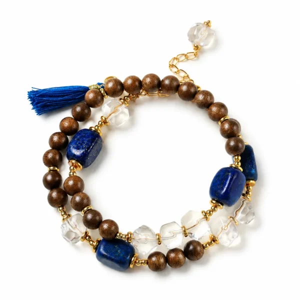 adjustable agarwood lapis lazuli double-wrap bracelet on white background