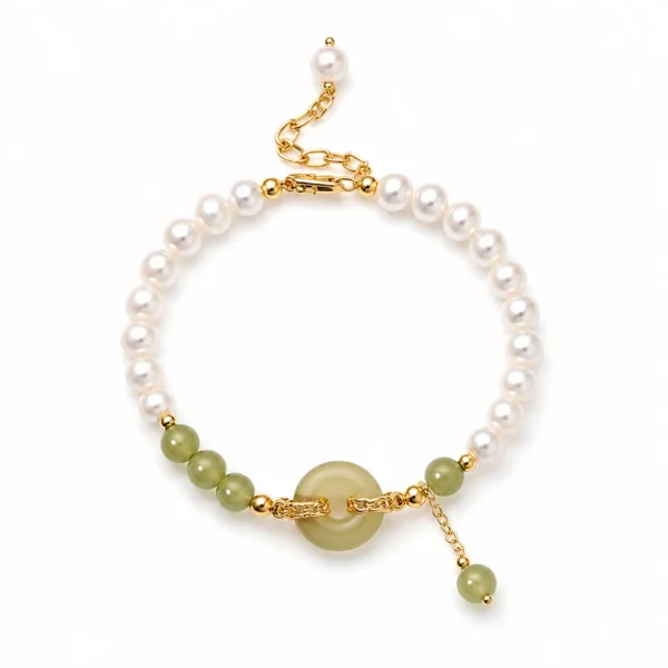 freshwater pearl jade beaded bracelet on white background
