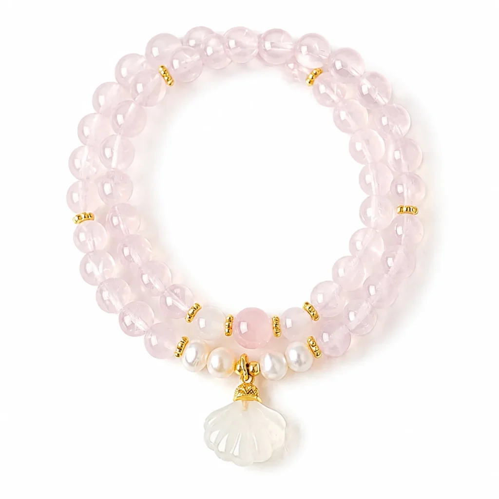 Rose Quartz Agate Shell Double-Wrap Bracelet 1 rose quartz agate shell double-wrap bracelet on white background