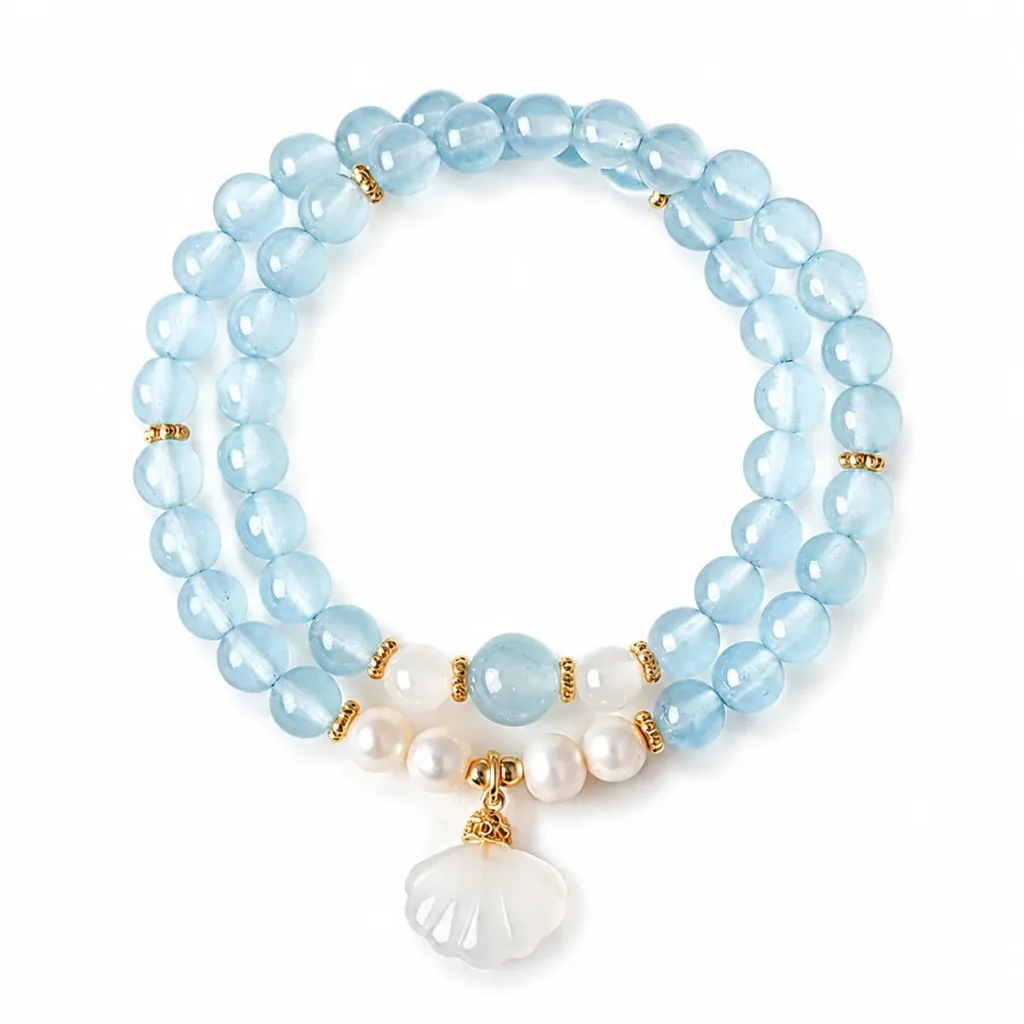Blue Chalcedony Pearl Agate Shell Double-Wrap Bracelet 1 blue chalcedony pearl agate shell double-wrap bracelet on white background