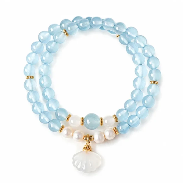 blue chalcedony pearl agate shell double-wrap bracelet on white background