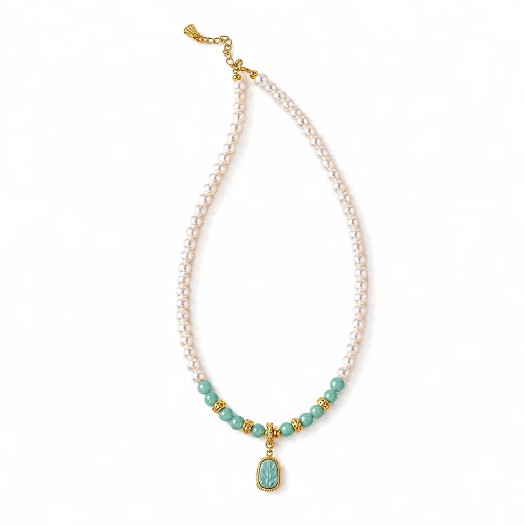 Freshwater Pearl Blue Jade Leaf Necklace 1 freshwater pearl blue jade leaf necklace on white background