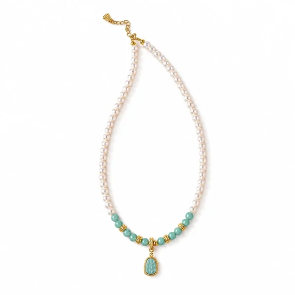 freshwater pearl blue jade leaf necklace on white background