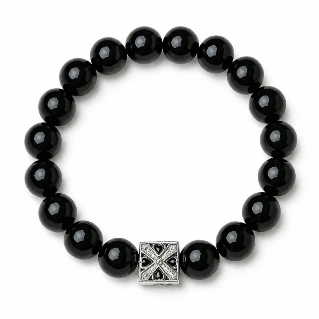 Black Obsidian Beaded Bracelet 1 black obsidian beaded bracelet on white background