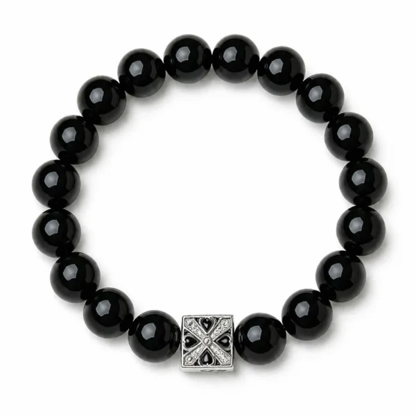 black obsidian beaded bracelet on white background