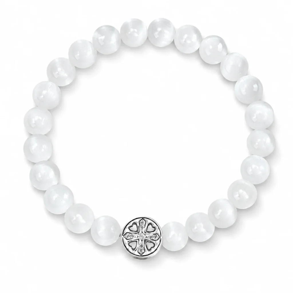 White Cat Eye Stone Beaded Bracelet 1 white cat eye stone beaded bracelet on white background