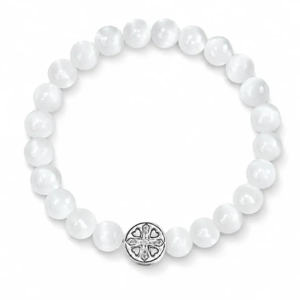 white cat eye stone beaded bracelet on white background