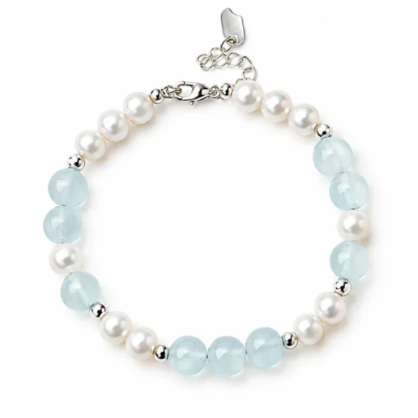 blue chalcedony pearl beaded bracelet on white background