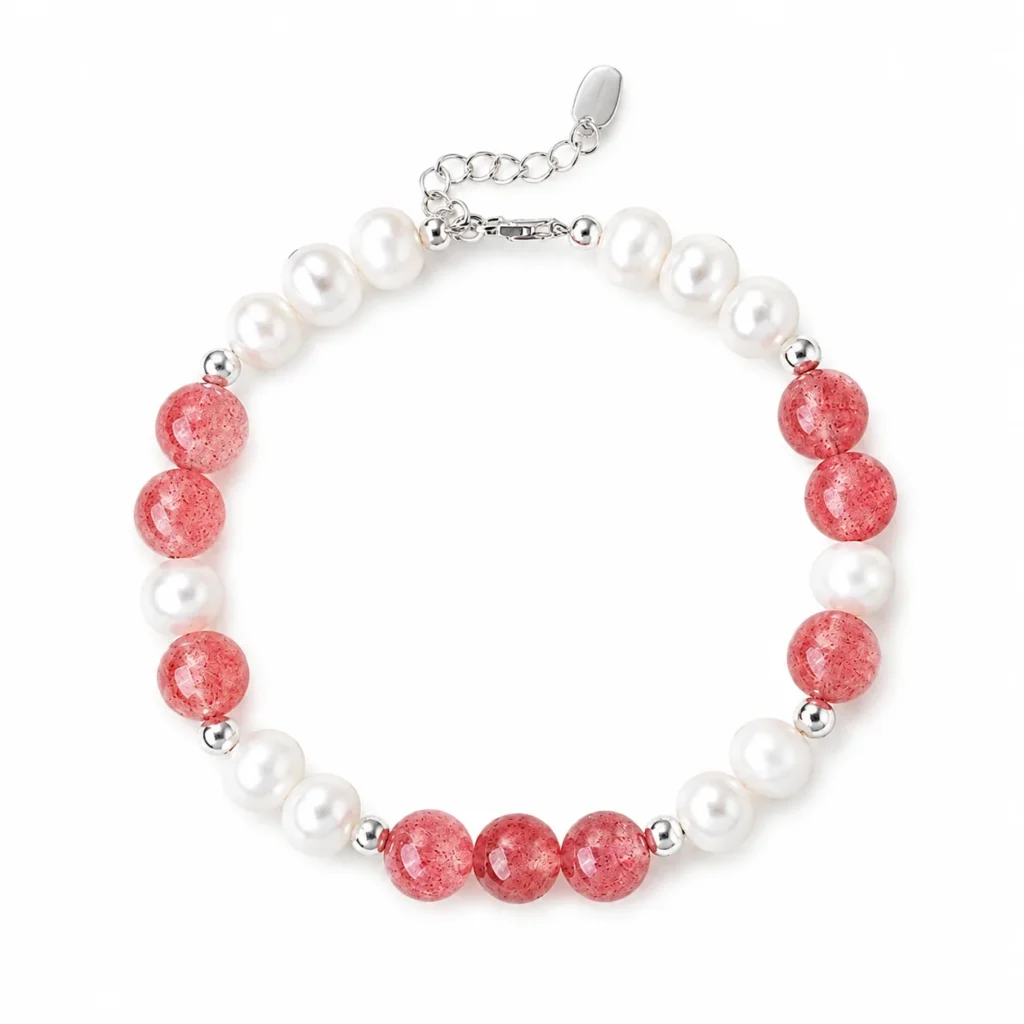 Strawberry Quartz Pearl Beaded Bracelet 1 strawberry quartz pearl beaded bracelet on white background
