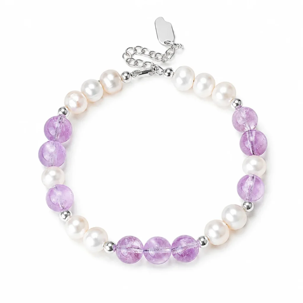 Lavender Amethyst Pearl Beaded Bracelet 1 lavender amethyst pearl beaded bracelet on white background