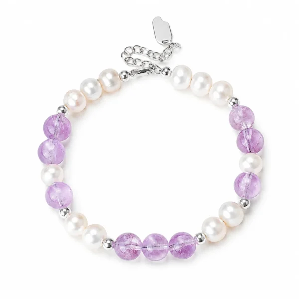 lavender amethyst pearl beaded bracelet on white background