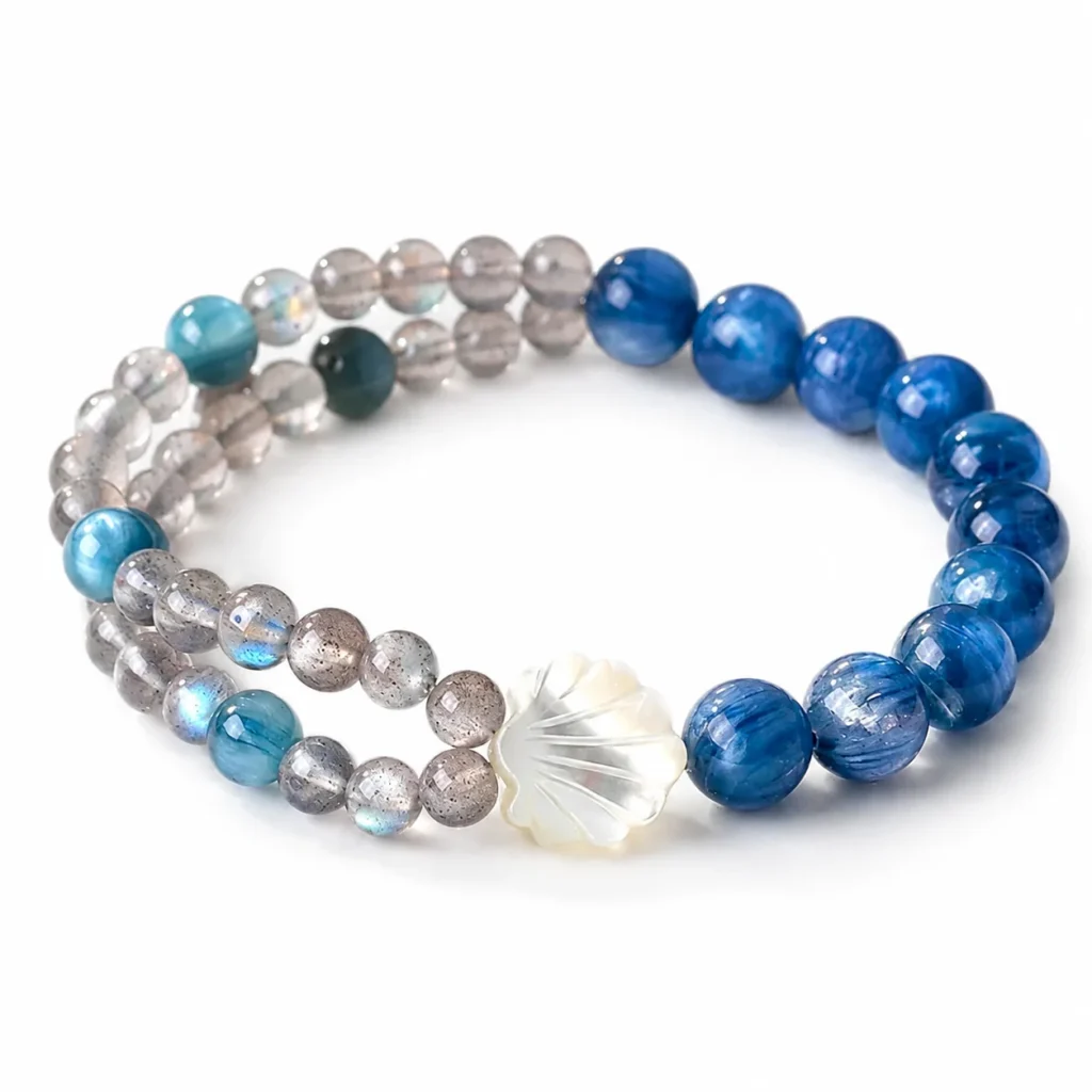 Gray Moonstone Kyanite Beaded Bracelet 1 gray moonstone kyanite beaded bracelet on white background
