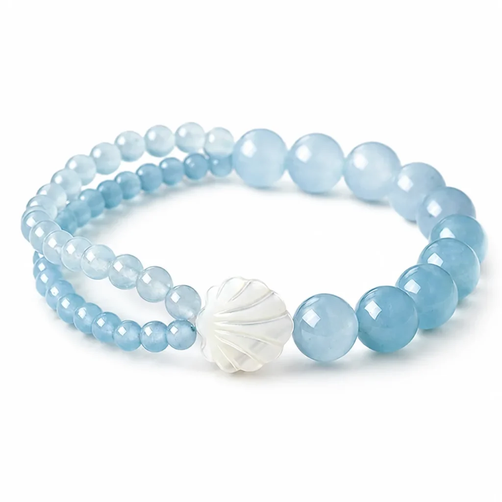 Blue Chalcedony Beaded Bracelet 1 blue chalcedony beaded bracelet on white background