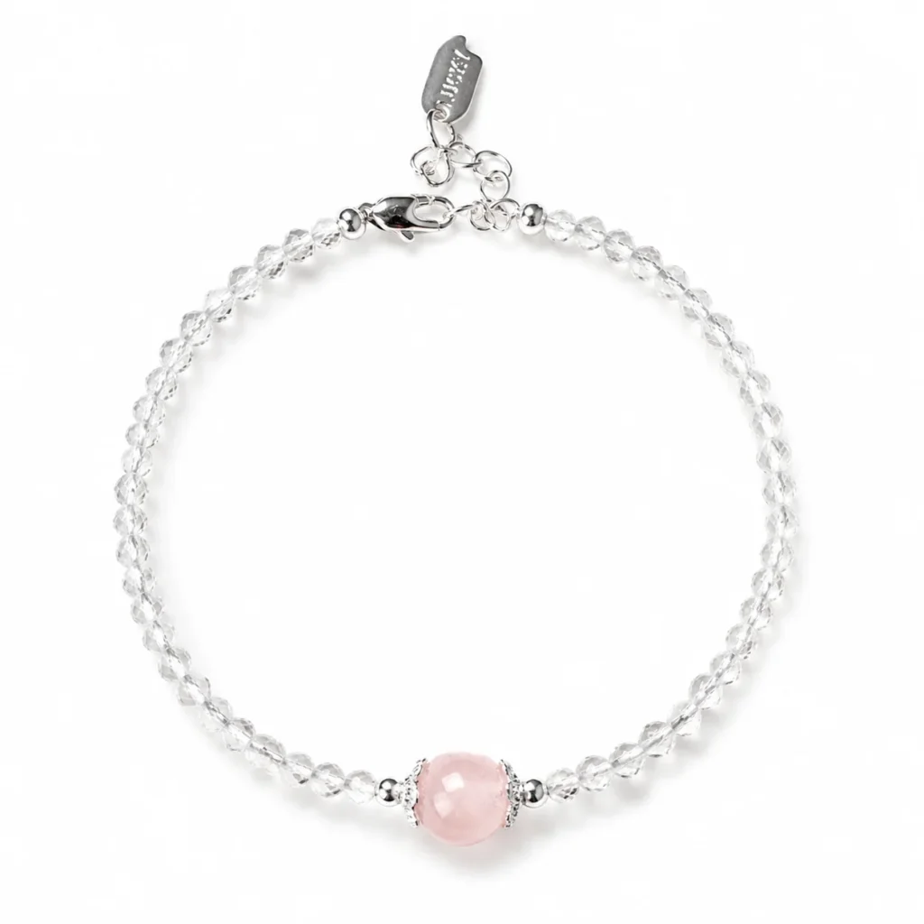 Clear Quartz Beaded Bracelet 1 clear quartz beaded bracelet on white background