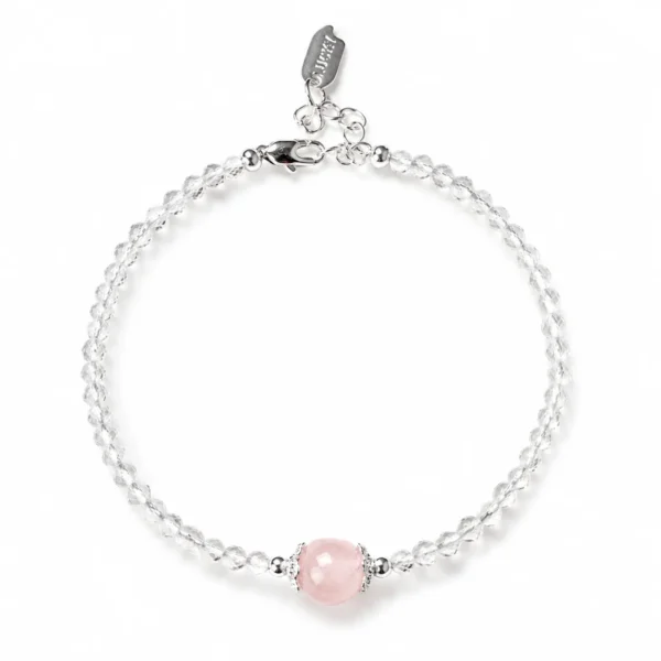 clear quartz beaded bracelet on white background
