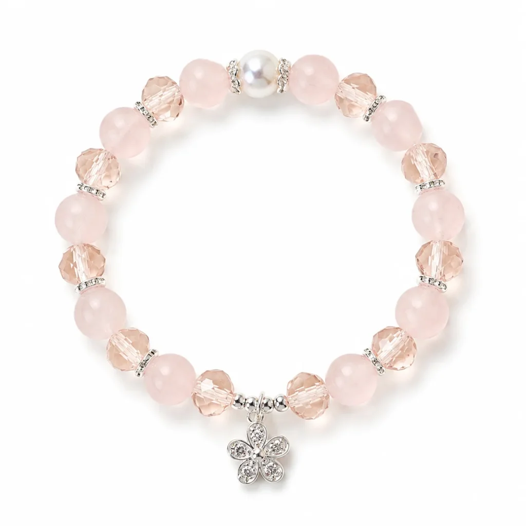 Rose Quartz Faceted Beaded Bracelet 1 rose quartz faceted beaded bracelet on white background