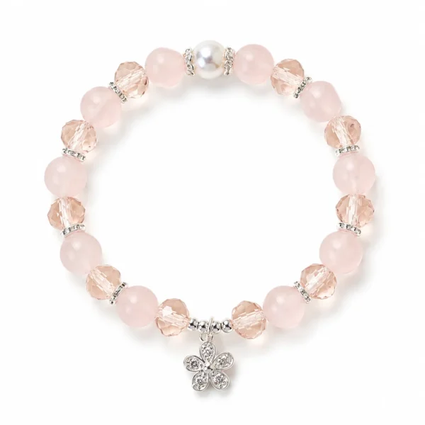rose quartz faceted beaded bracelet on white background