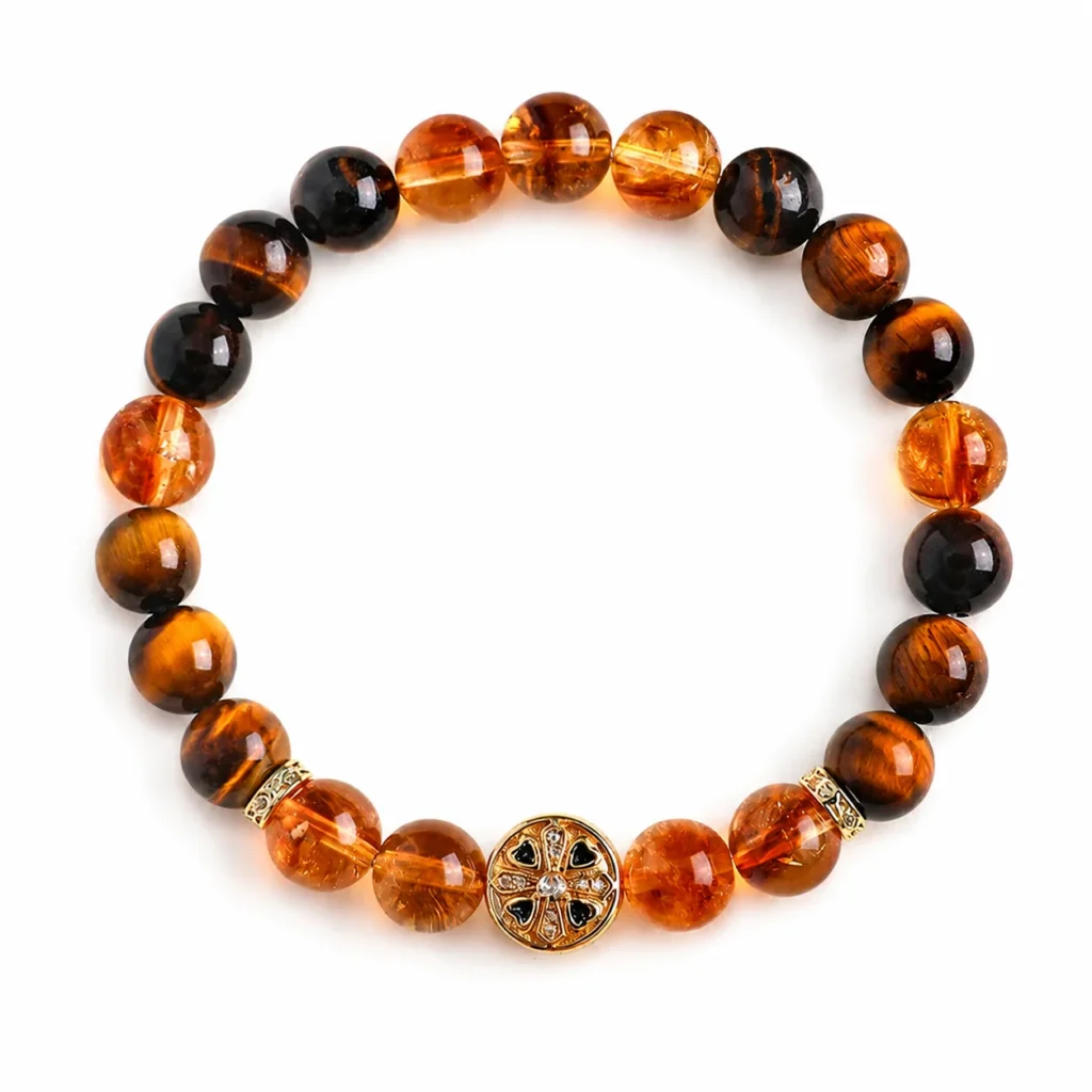 Golden Crystal Tiger Eye Beaded Bracelet 1 golden crystal tiger eye beaded bracelet on white background