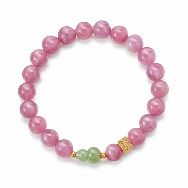 purple rose quartz beaded bracelet on white background