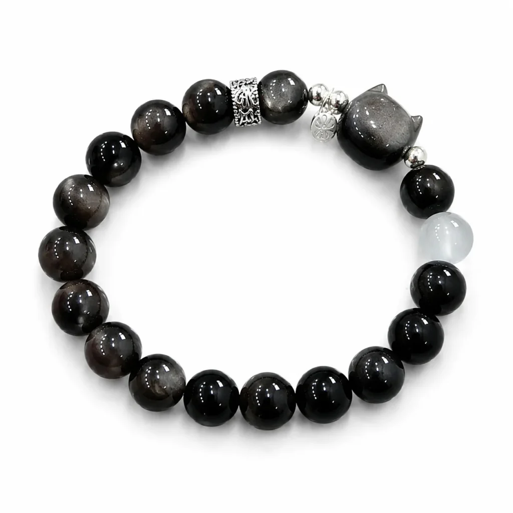 Silver Sheen Obsidian Cat Bracelet 1 silver sheen obsidian cat bracelet on white background